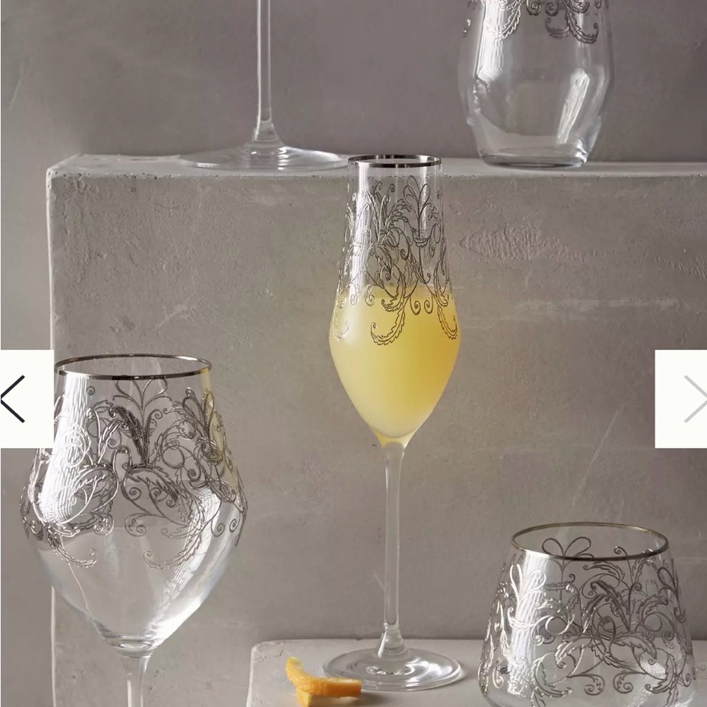 Anthropologie Silver Scroll Stemmed Champagne Glasses made in Slovakia